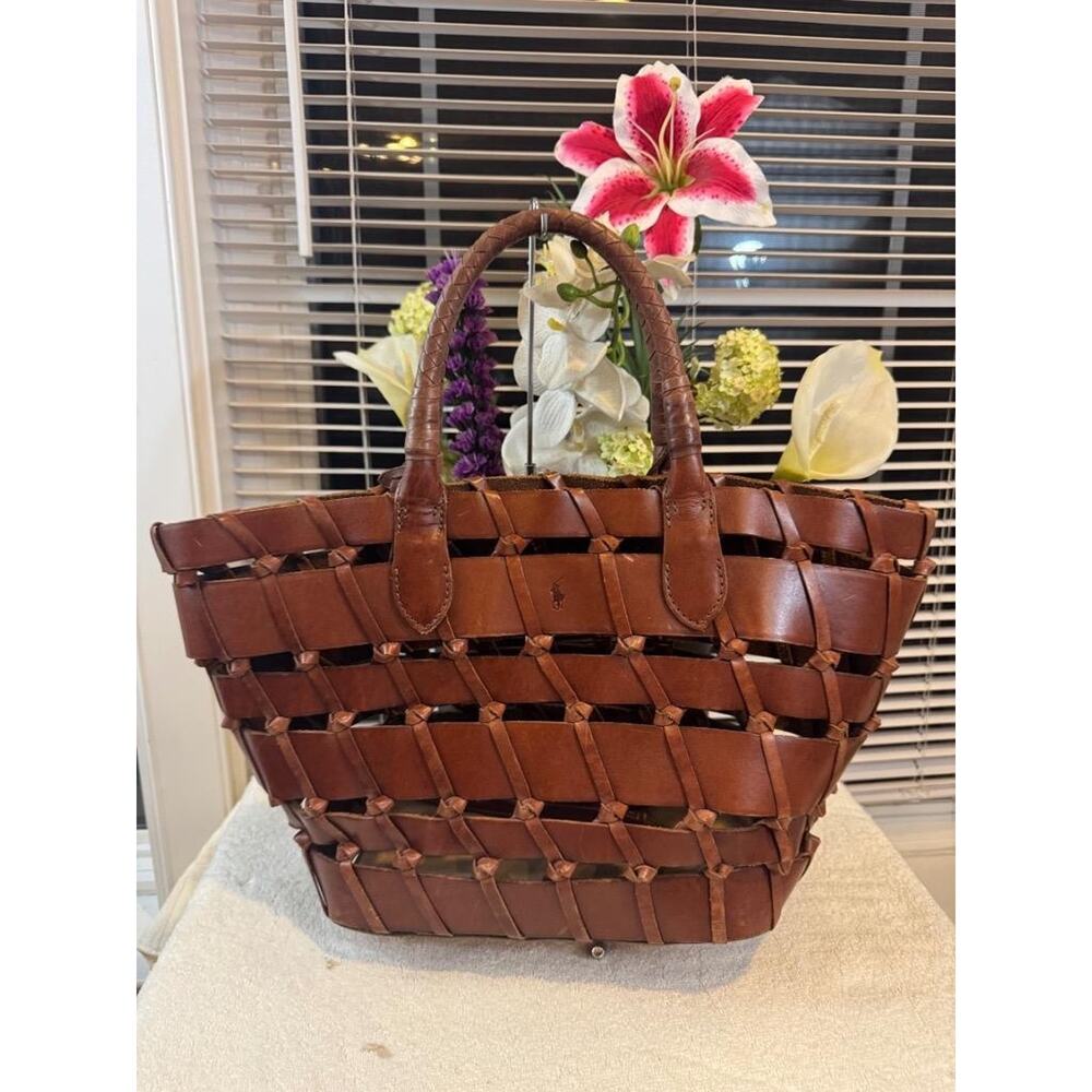 VINTAGE Ralph Lauren BROWN Leather Bag Purse Basketweave Tote Bag Leather (210 - Picture 2 of 13